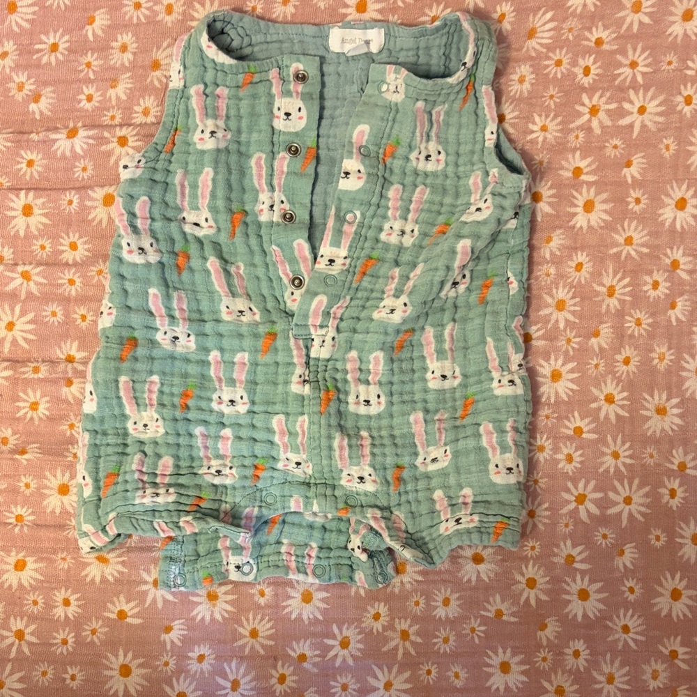 Angel Dear Sleeveless Bunny Print Romper- Green